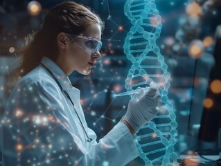 A woman in a lab coat is working on a DNA strand. The image is a mix of real and digital elements, creating a futuristic and scientific atmosphere. The woman is focused on her work - Powered by Adobe