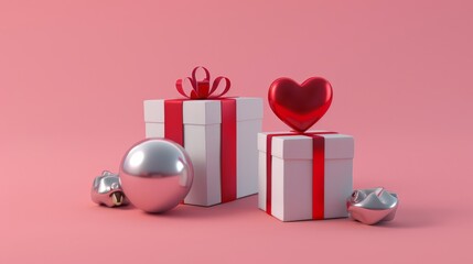An illustration in 3D showing two wrapped gift boxes on a pink background with a metallic ball and a red heart decoration