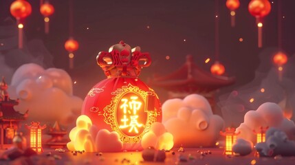 This is a minimalist background featuring a glowing lucky bag featuring text in Chinese written on the bag. The background displays cloud shapes in the back.