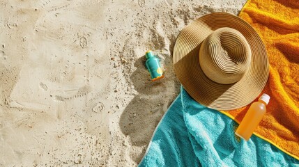 A wooden patterned hat lies next to a furry peachcolored towel on the beach, with a musical instrument tucked under the brim and a mask of a fictional character nearby AIG50