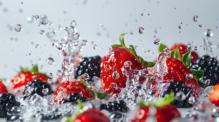 Fruit Splash: Strawberries, Blackcurrants, Raspberries, Blackberries in Clean Background