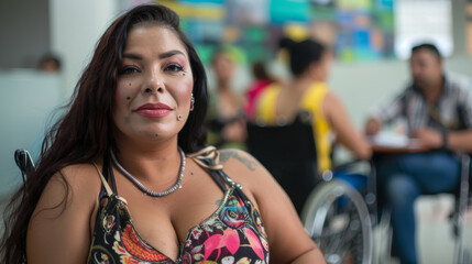 Portrait of latin transgender woman in wheelchair and people at meeting in the background at the office in Latin America Stock Photo photography