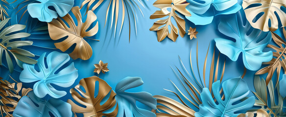 Gold, blue geometric floral leaves 3d affect Monstera wall textu