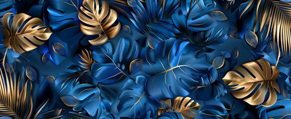 Gold, blue geometric floral leaves 3d affect Monstera wall textu