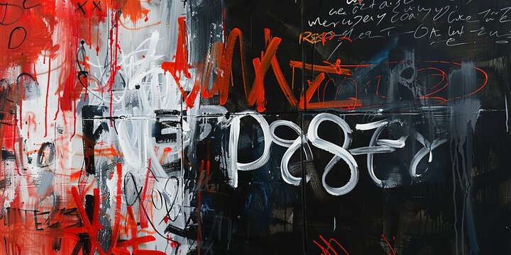 Fototapeta punk rebellious graffiti in dark tone color, grungy wall aerosol painting with color splash stain messy, background, Generative Ai