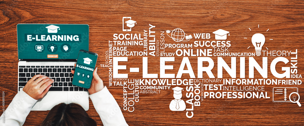 Aufkleber e-learning and online education for student and university concept. graphic interface showing techno