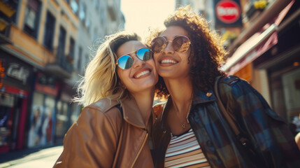 Portrait of lovely lesbian couple spending time together and having fun at the street. LGBT concept. Stock Photo photography