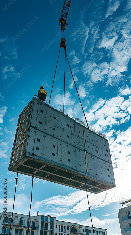 Poster efficient construction progress: crane operator lifting precast concrete for seamless timeline