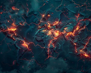 A topographic world map with glowing red fault lines highlighting vulnerable infrastructure, a digital skull cracks across the Pacific Ocean