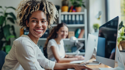 Portrait of two modern women using computers at home workplace together and smiling, copy space...