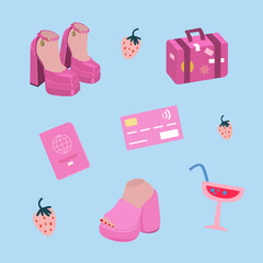 Y2k glamour pink icons. Pink trendy set. Fashion high-heeled shoes, a pink credit card, a suitcase for travel, strawberries and a glass of cocktail. Vector illustration  - obrazy, fototapety, plakaty