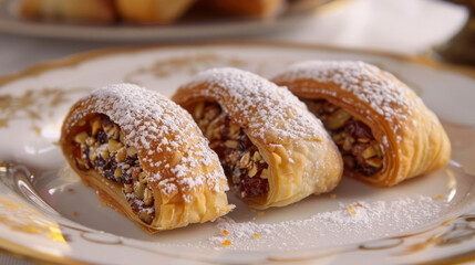 Delicious algerian baklava with honey and nut filling, topped with powdered sugar and elegantly presented for a sweet indulgence