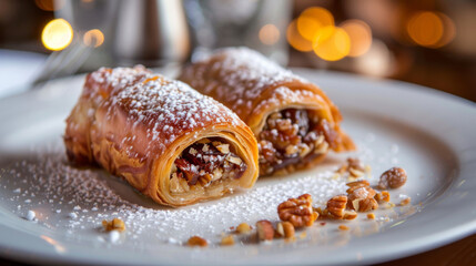 Authentic algerian baklava filled with nuts, presented on a plate with powdered sugar, warm bokeh background enhancing the dish's appeal