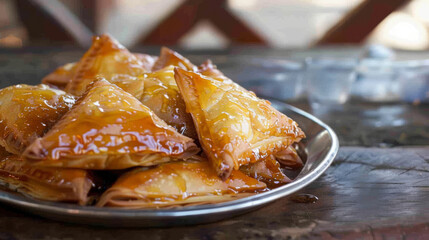 Delicious algerian briks served on a metallic plate, showcasing the glossy pastry exterior typical of this beloved north african cuisine
