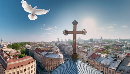 The Cross on The Rooftop Of A Church In Some City. 