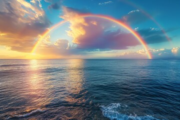 A bright rainbow over the water surface seems to be a magical bridge of color connecting heaven and earth, creating a unique beauty and delight