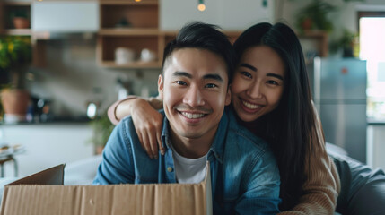 Portrait of young attractive happy asian couple man sitting at new home smiling to camera with carton package box storage to move in empty house. LGBTQ relationship and relocating concept Stock Photo  - Powered by Adobe