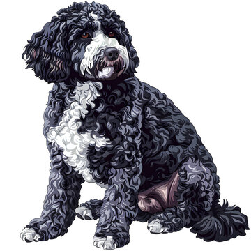 Clipart illustration of a portuguese water dog dog breed on a white background. Suitable for crafting and digital design projects.[A-0001]