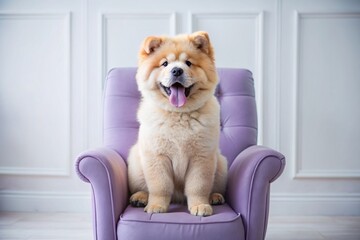 Portrait of a cute joyful puppy of the Chow Chow breed. A banner with the image of a pet dog in the...