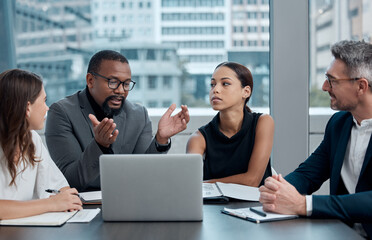 Discussion, meeting and business people with laptop in boardroom for planning, teamwork or review....