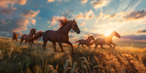 A group of the horses in the open land under sunlight 