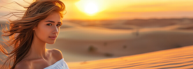 Beauty model banner with close-up portrait of a beautiful woman and desert dune sand background with copy space