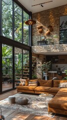 Fototapeta premium A brown sofa leans against a stone-tiled cladding wall in a room with high ceilings. Modern living room, home loft interior design, 4k HD wallpaper, generated by AI