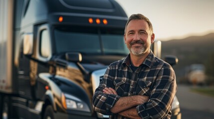 Happy confident male driver standing in front on his truck and looking at camera