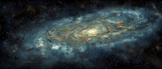 Expansive view of a spiral galaxy, its arms twisting into the distance and dotted with brilliant stars