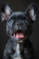 A purebred French Bulldog sits, with an adorable face and alert eyes, in a studio portrait.