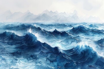 A stormy marine seascape with rough waves crashing against a dark blue background.