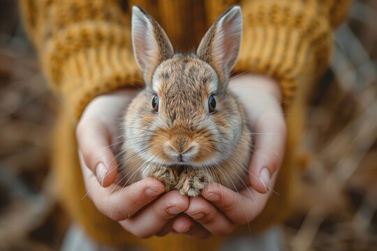 A funny and fluffy rabbit is tenderly held by a girl, a heartwarming Easter discovery.
