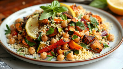 Vibrant plate of algerian couscous with chickpeas, grilled peppers, fresh basil, and lemon garnish, epitomizing healthy mediterranean cuisine