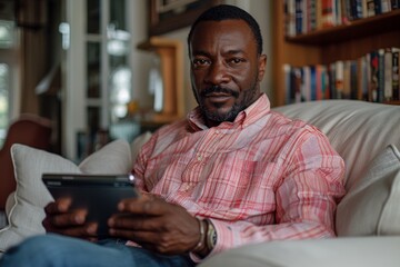 The successful African businessman smiles while playing on his tablet, keeping up with news at home.