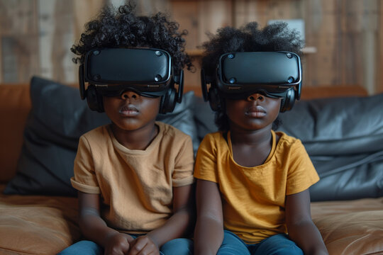 African boys playfully engage in virtual reality games indoors, sharing laughter and togetherness.