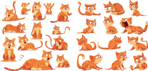 Cat behavior. Feline poses, cartoon cats characters funny emotions, afraid orange kitten scared animal