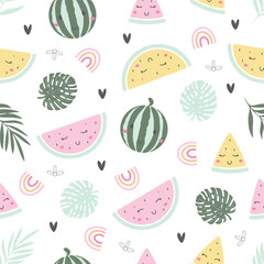 Cute happy watermelon pattern, tropical fruit pattern. For fabric, textile, wallpaper, wrapping paper. Vector illustration