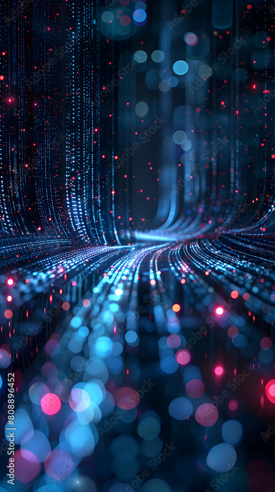 Poster photo realistic of data stream vista as a backdrop of flowing digital streams for data transmission.