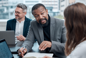 Man, manager and mentor with laptop for instruction in office for meeting, strategy and discussion...