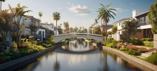 3D rendering of a residential canal with a bridge in Venice Beach, California, featuring tropical plants and palm trees during the daytime in a hyper realistic style. High resolution architectural pho - Powered by Adobe