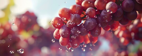 A close-up image of a bunch of ripe red grapes with water drops. The grapes are in focus, with a blurred background.