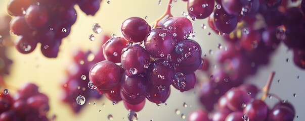 A bunch of ripe purple grapes with water drops. The grapes are in focus and the background is blurred. The image is taken from a low angle.