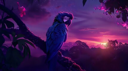 Magical Sunset: Purple and Blue Macaw in Cinematic Scene, Fantastic