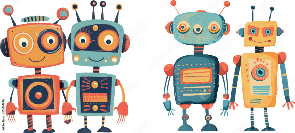Poster robots print for kids. friendship concept with cartoon robots