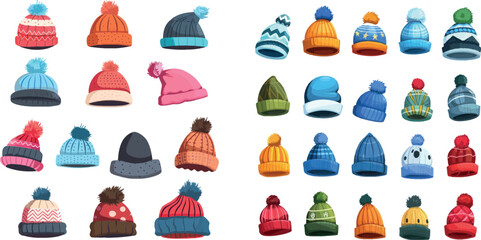 Kids hats illustrations. Hat set for children, winter and summer