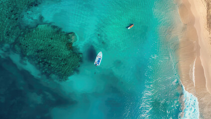 aerial view of boat in turquoise ocean waves, white sand beach