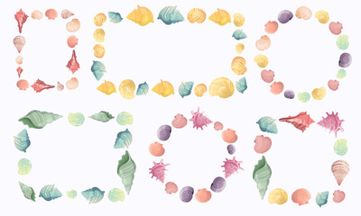 Сollection of decorative  frames made up of beautifully illustrated seashells in soft pastel colors. The variety of shells, including conchs, scallops, and spirals, are arranged in circular, rectangle