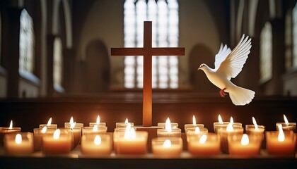 Cross in The Church Surrounded By Candles and A White Dove. 