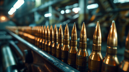 A close-up of a row of bullets is laid out on the conveyor belt. Export and import of weapons. The bullets are made of gold - Powered by Adobe