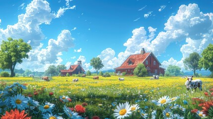 Idyllic Countryside, Quaint farmhouses nestled among rolling hills and fields of flowers, depicting the charm and simplicity of rural life